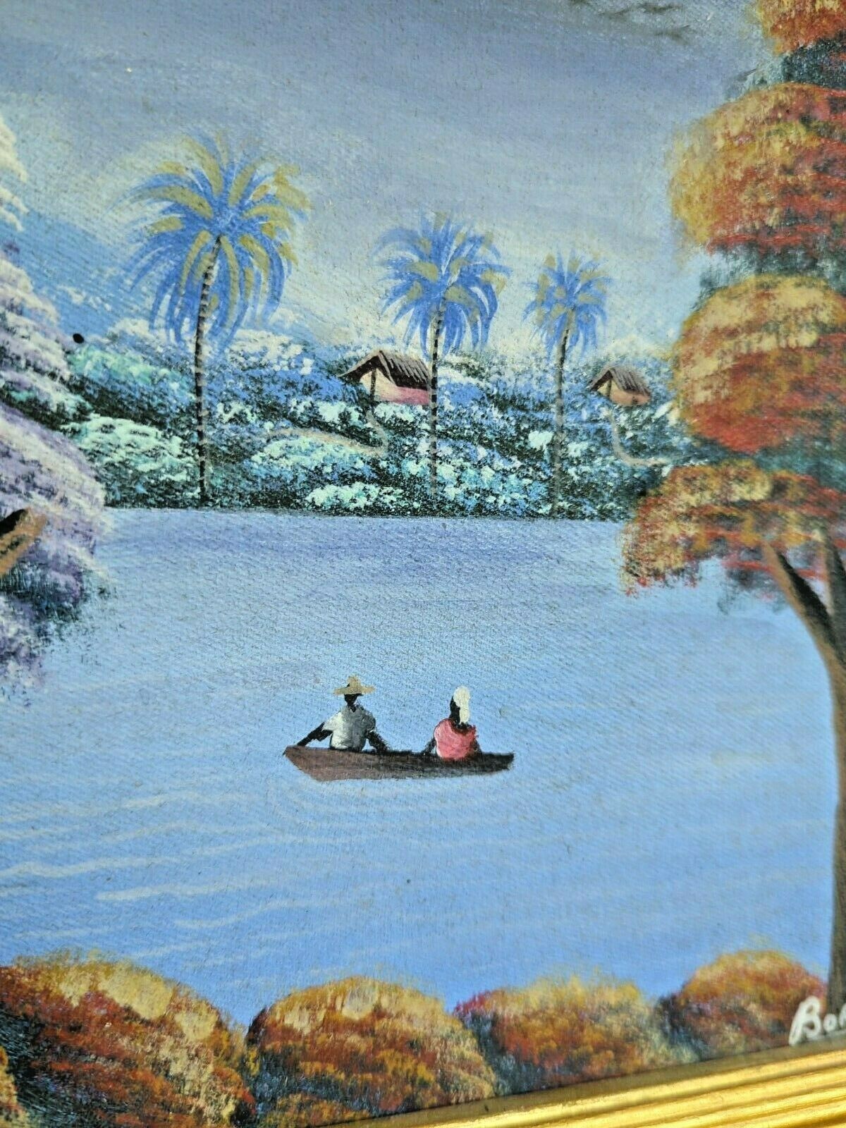 Collectible Haitian Folk Art Naif BIJOUX Painting BORGE Haiti Romantic excursion