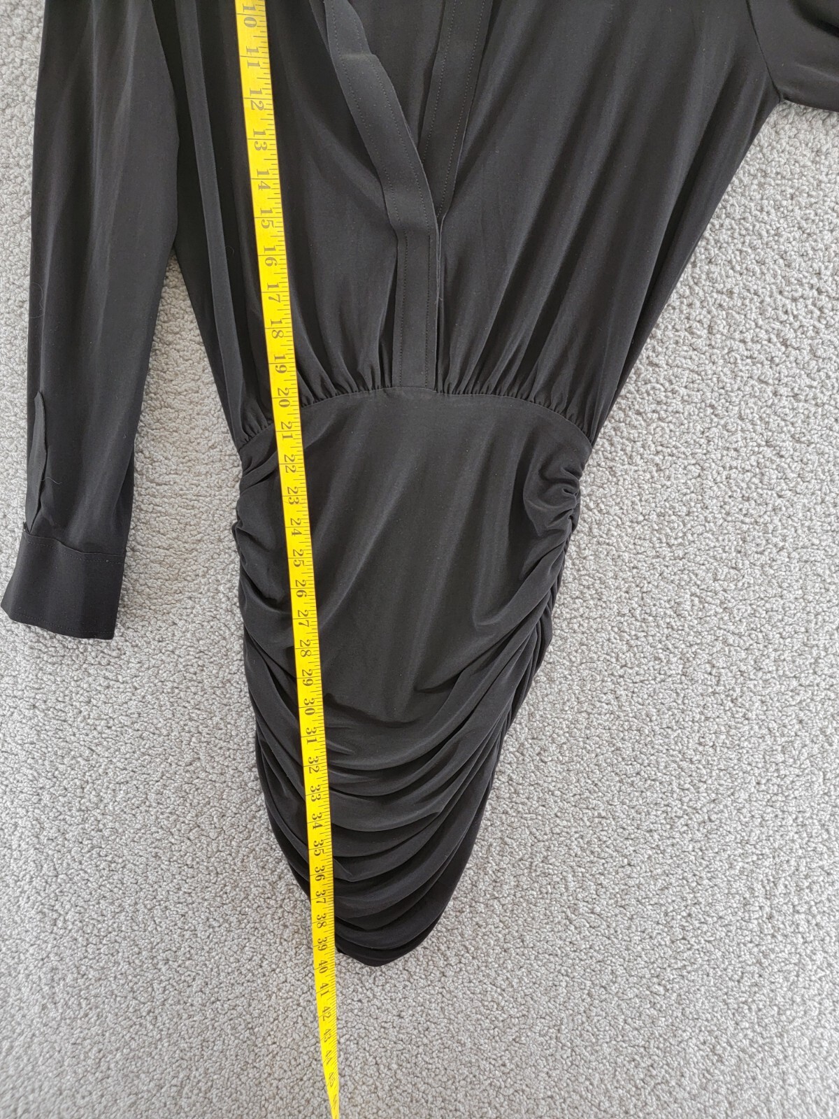 Norma Kamali Shirred Mini Shirt Dress Women's XS/34 Black Collared Pullover L/S - Picture 8 of 16