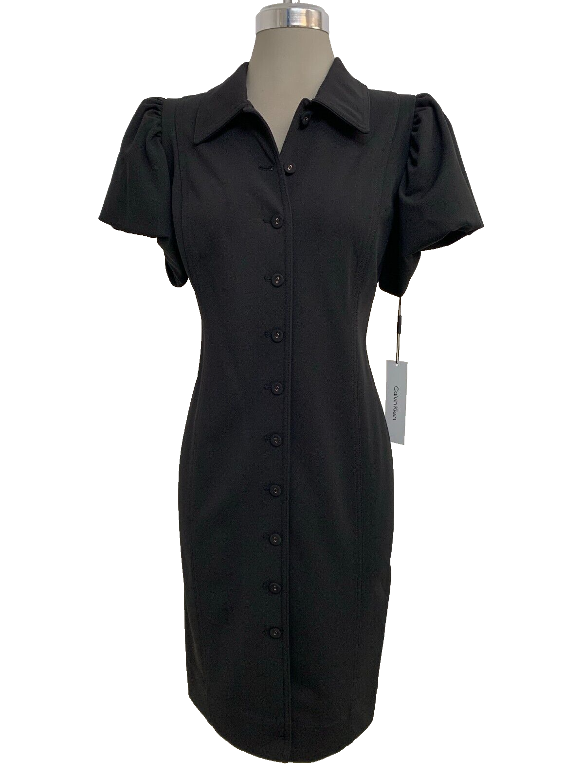 Новое женское ЧЕРНОЕ пышное платье-футляр Calvin Klein с коротким рукавом и пуговицами спереди, размер 6