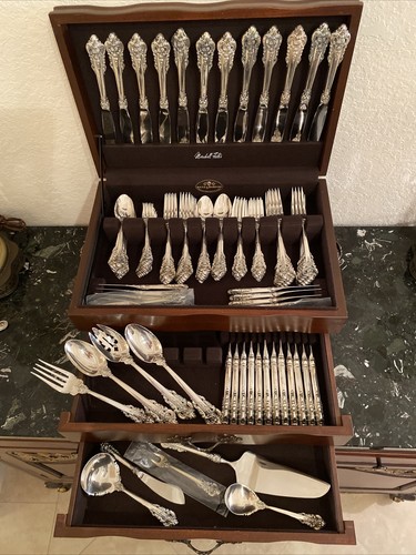 MINT DINNER+LUNCH WALLACE GRANDE BAROQUE 129PC 12 SET STERLING SILVER FLATWARE