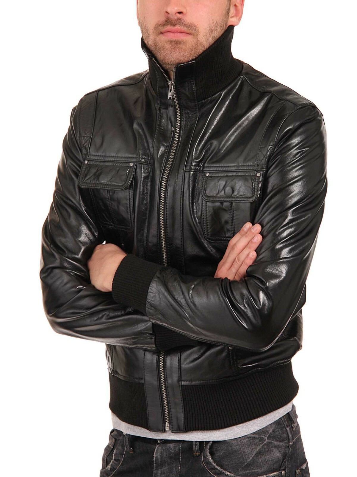 F$L HERREN LEDERJACKE SLIM FIT BIKER MOTORRAD ECHT LAMMLEDER JACKE - MJ0023