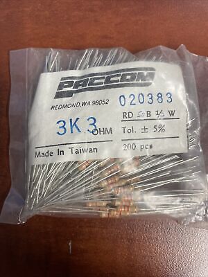 (200) Pcs Paccom 3.3Kohm 1/2 Watt 5% Resistors