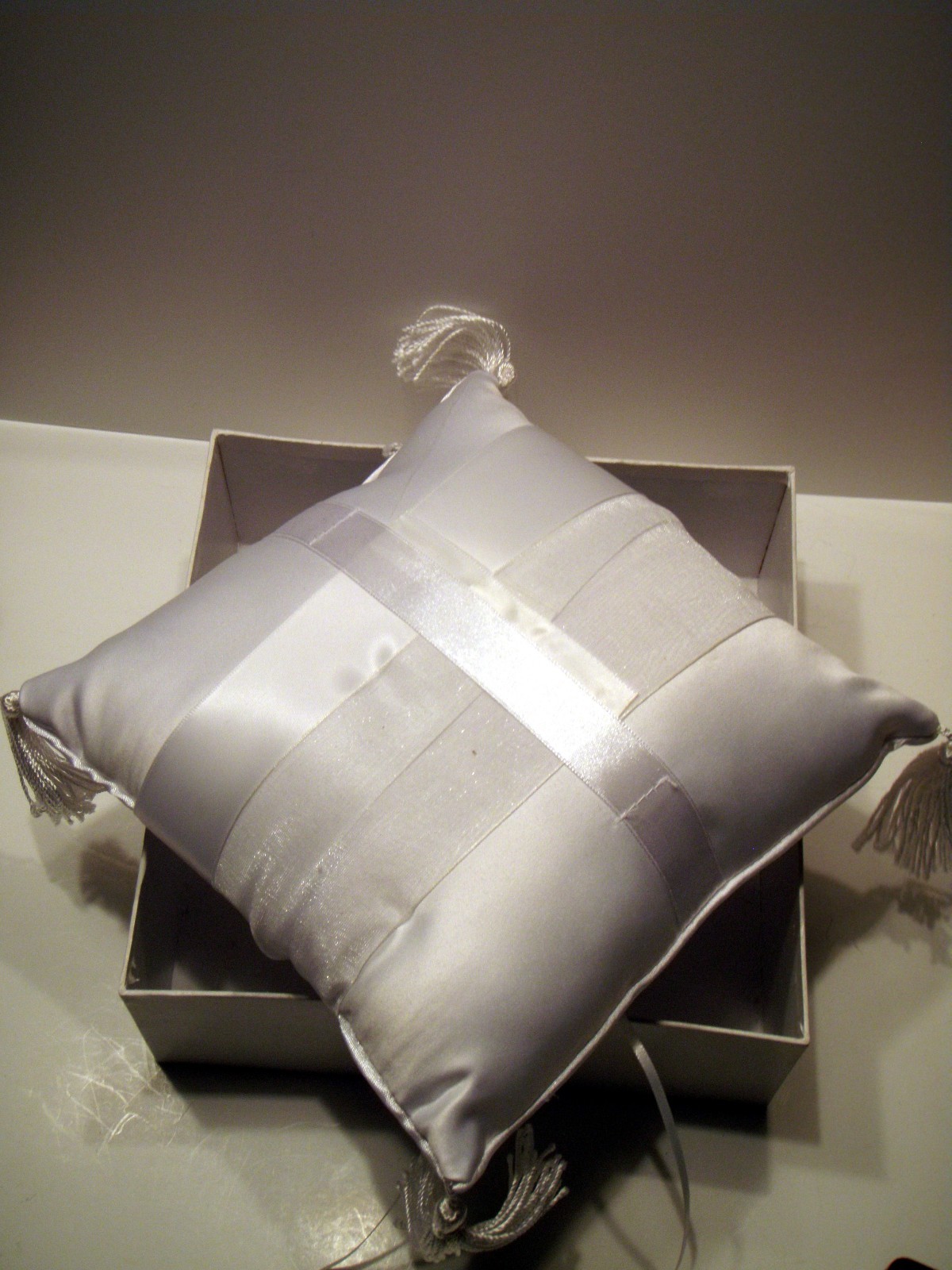 White Ribbon Tassels Ring Bearer Pillow