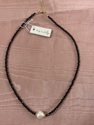 Iris & Lily black onyx beaded choker with freshwater pearl pendant 8  + 1.5''