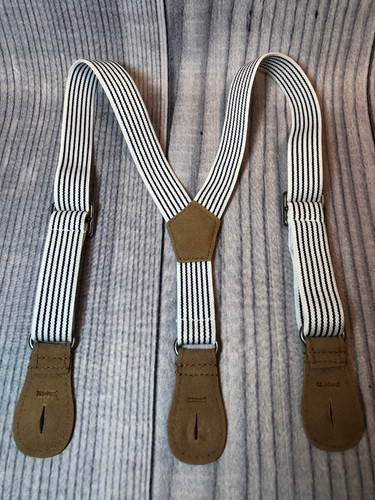 Elastic Suspendes Braces Boys Child Size Blue Stripe Leather Button-On 1