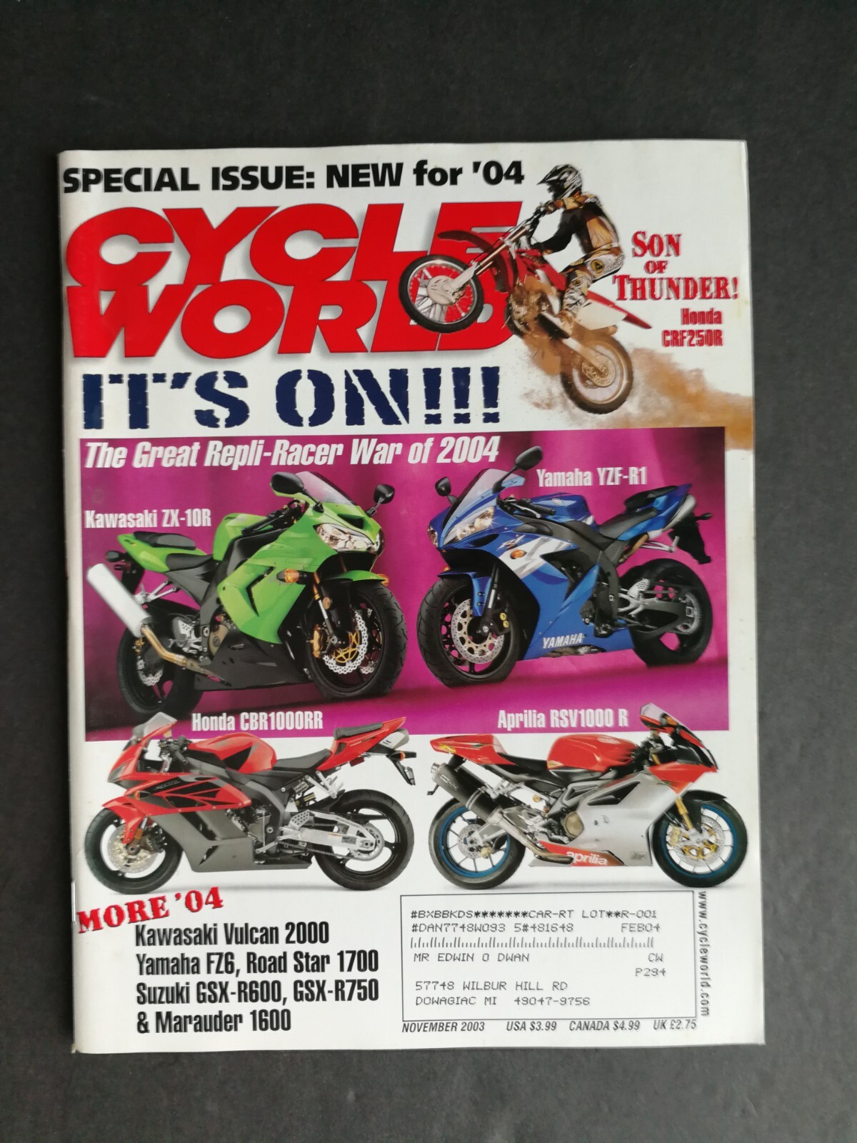 【ミー】 Cycle World Magazine November 2003 2004 Honda CBR1000RR