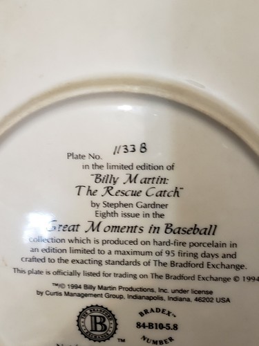 BILLY MARTIN: THE RESCUE CATCH collector plate GREAT MOMENTS IN BASEBALL