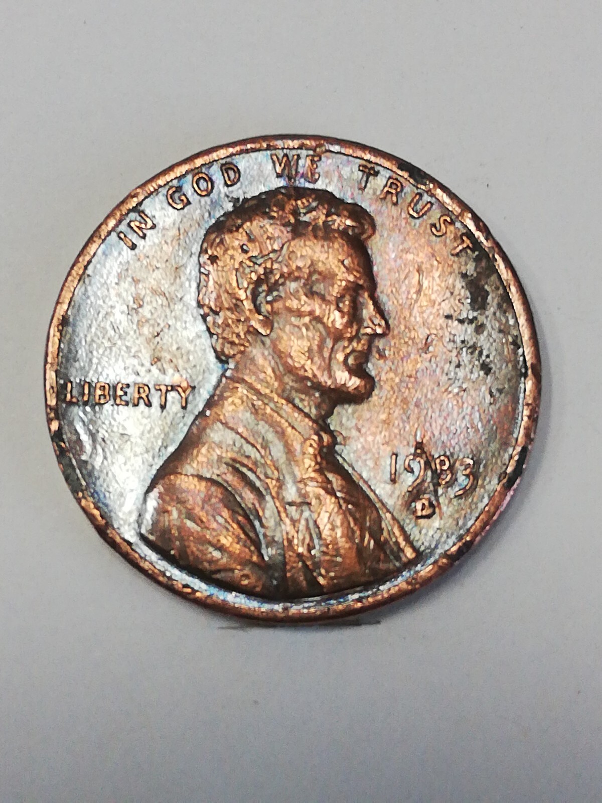 1983 Lincoln Penny D Mint Mark Large 9 & 3 Great Blue Tone