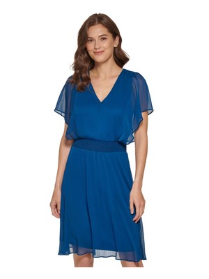 

Женский пуловер DKNY с синей подкладкой и рукавами-крылышками длиной до колен + расклешенное платье, Синий