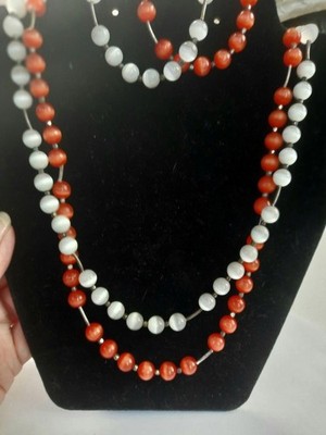 Artisan Sterling Silver Orange Red And White Catseye Necklace Bracelet Set