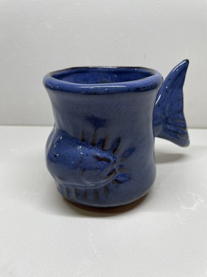 Thora Handmade Art Pottery Blue Fish Tail Handle Coffee Mug Cup Signed Fishtail