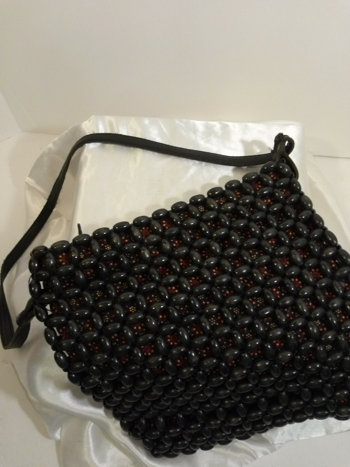 The Sak Black Wooden Beaded Bag Purse with Leather Straps Boho Style