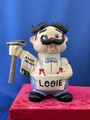 Vintage LOOIE Barber Figurine Ceramic Razor Holder Used Blade Bank w Gillette H3