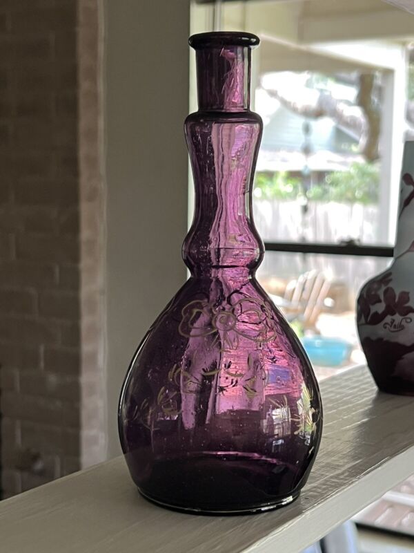 Antique c. 1900’s Handpainted Light Amethyst Glass Barber Bottle 7.5”