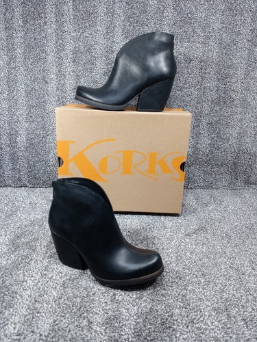 New Korks Ease Shamira Ankle Boot Womens 7.5M Black Gray Leather Chunky Heel Zip