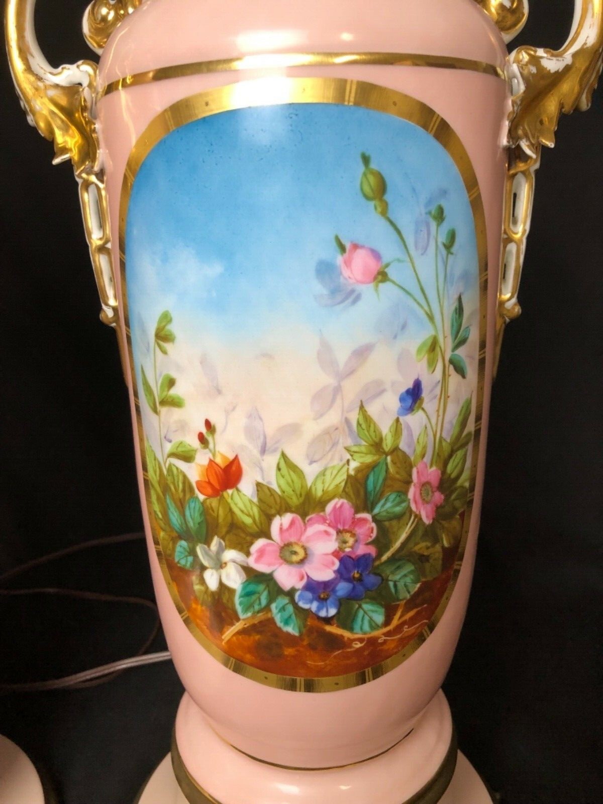 Set Of 2 Antique 24” Old Paris Lamps Pink Floral **Newly Rewired & New 3 Way***