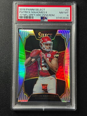 PATRICK PAT MAHOMES II PSA 8 2016 PANINI SELECT #2 2017 XRC SILVER PRIZM ROOKIE