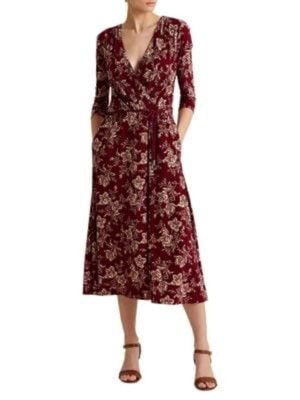 

RALPH LAUREN Женское красное платье-футляр миди с поясом и рукавами 3/4, Красный
