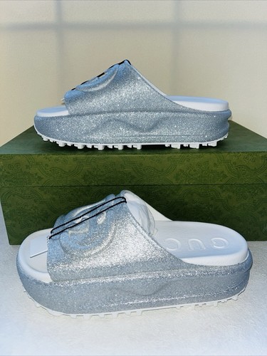 Pre-owned Gucci Interlocking Slide Metallic Silver Women's Size 37 Us Size 7