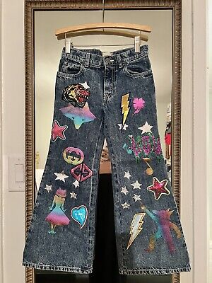Gucci Girls 6Y Flared Jeans w Patches vintage Bell Bottom Cut Sequined Appliqué