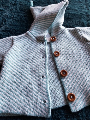 BABY STEM ORGANICS BLUE AND WHITE KNIT WOVEN BUTTON SWEATER CARDIGAN 12 BOY GIRL