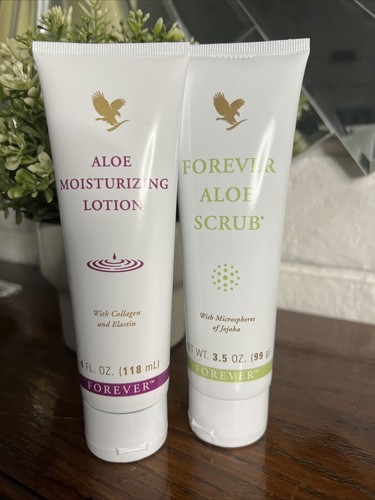 SET of Forever Aloe Scrub (3.5 oz),Aloe Moisturizing Lotion (4oz) Exp 2025 Seal