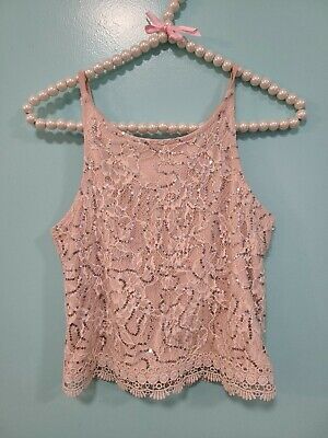 Rare Editions Girls Embellished Sequins Lace Pink Spaghetti Strap top Size 14