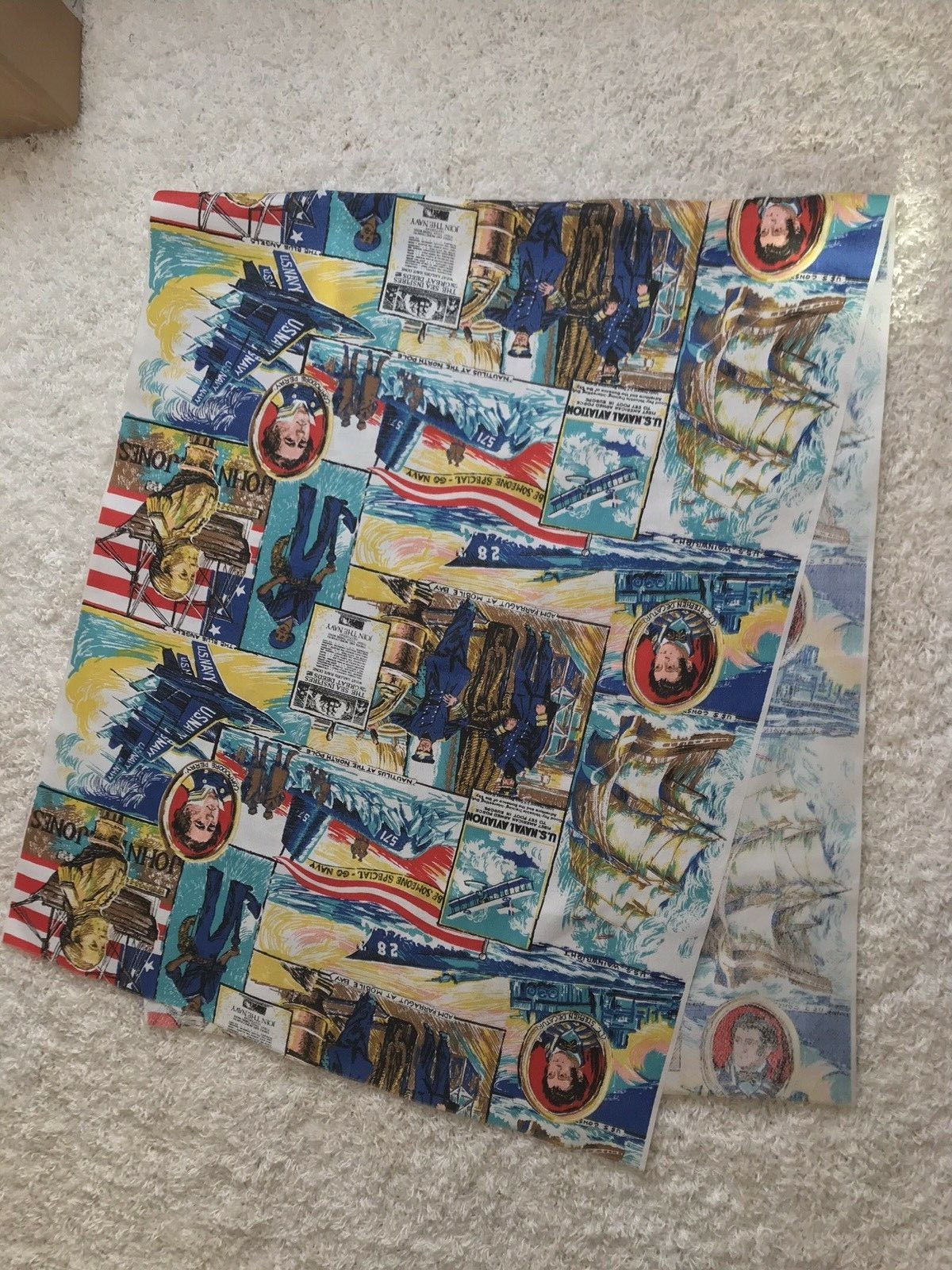 Mid Century Modern Fabric Clothe Textile Navy Ships Airplanes USA John Jones