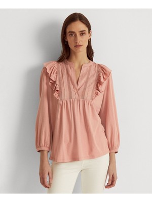 

RALPH LAUREN Женский розовый топ с рюшами и кружевными манжетами на пуговицах, рукав 3/4, нагрудник с вырезом под горло