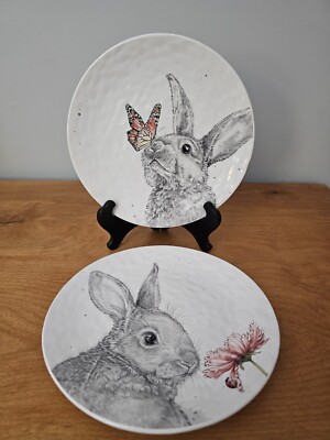 Pier 1 Imports Sketch Bunny 8.5'' Salad Plate Set 2 Hello Spring