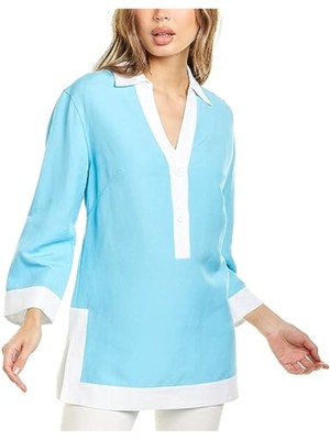 

ANNE KLEIN Женская голубая туника с рукавами-колокольчиками и разрезом, топ, Light blue