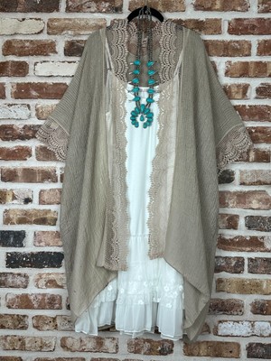 Plus Size Boho Hippie Kimono Tassel Taupe Lace Cardigan Duster Kimono
