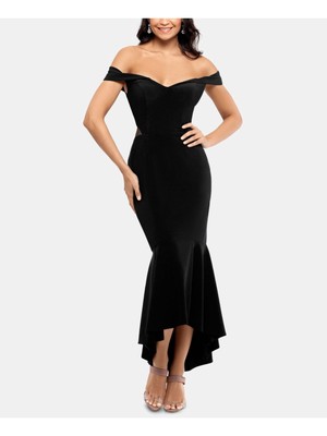

XSCAPE Женское черное вечернее платье Hi-Lo с короткими рукавами и открытыми плечами длиной до колен, Черный