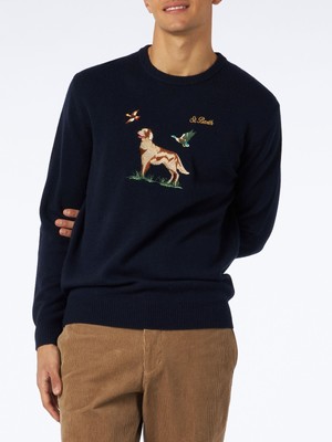 Pre-owned Mc2 Saint Barth Man Crewneck Donegal Sweater With English Pointer Jacquard Print In Blue