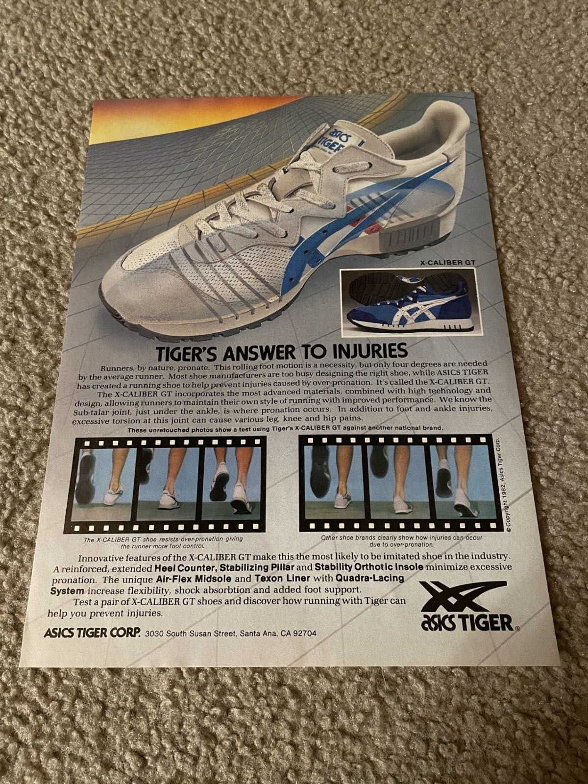 Vintage 1982 ASICS TIGER X-CALIBER Running Shoes Poster Print Ad