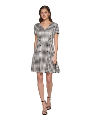 DKNY Womens Black Faux-button Front Short Sleeve Fit + Flare Dress 14