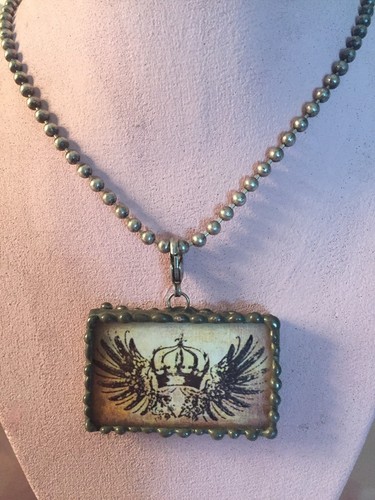 Soldered Glass Pendant Fleur de Lis Crown Wings Vintage Steampunk Necklace Goth