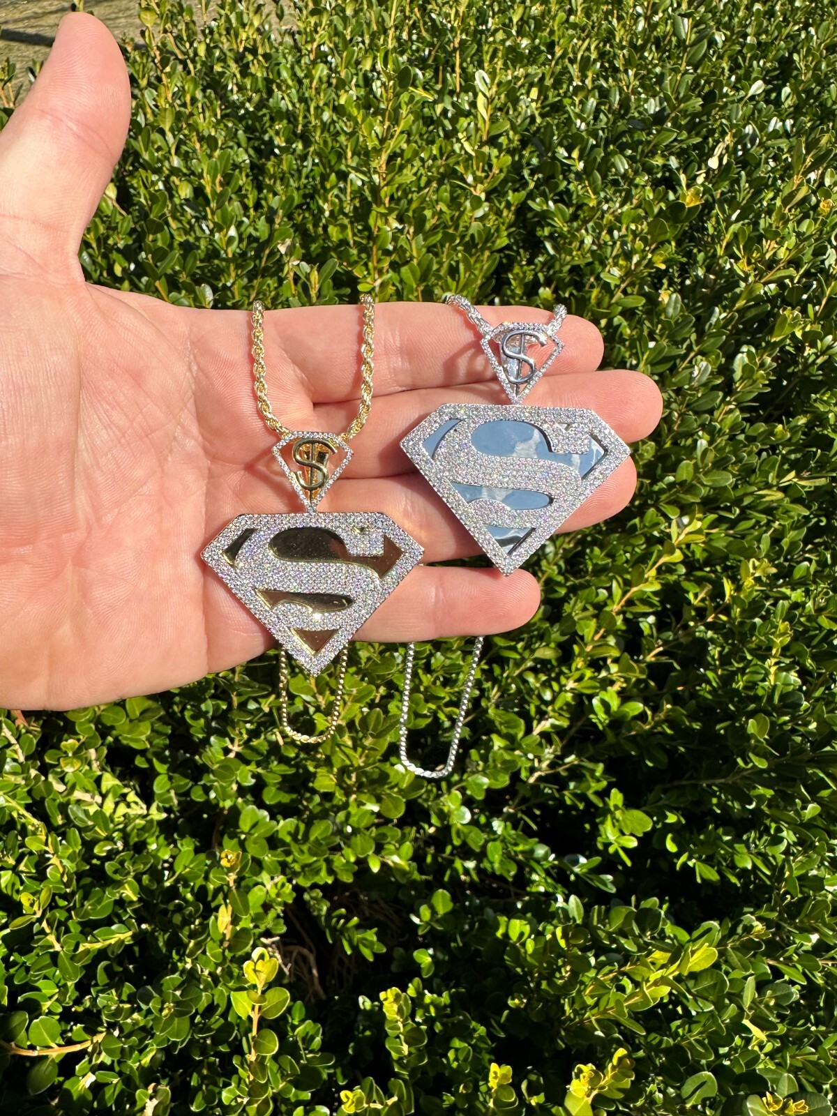 Pre-owned Harlembling Moissanite Real 925 Silver/gold Plated Iced Superman Superhero Pendant Necklace In White