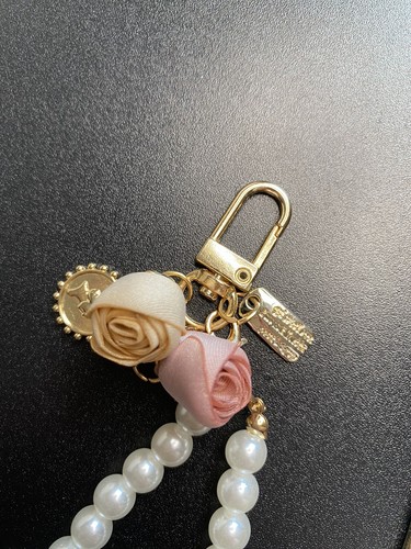 Rose Flowers Bag Charm Keychain Key Ring Car Charm Pink ivory Faux Pearl Strap