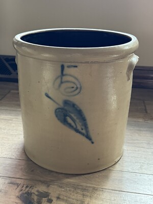 Red Wing Antique 5 gallon Salt Glaze Stoneware Crock   Blue Leaf Decorated