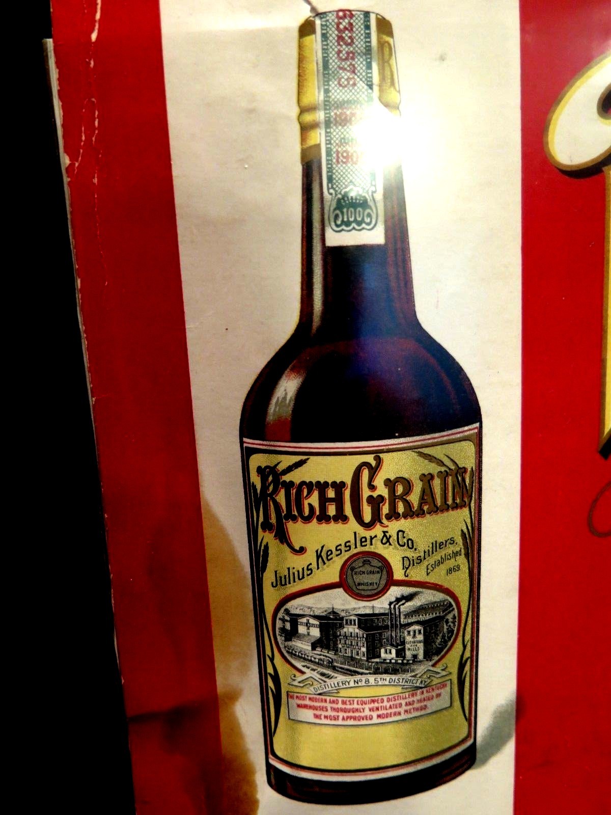 KY KESSLER & CO RICH GRAIN WHISKEY SIGN PROOF WHITEHEAD HOAG 1906 PREPROHIBITION