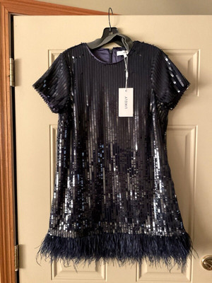 Likely Marullo women sz 8 navy sequin mini dress with feather accent on hem new