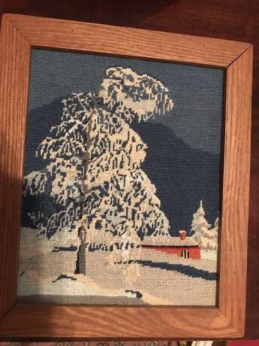 Completed Solid  Wood  Framed Needlepoint Picture Winter Scene Canin  16.5”x 14”