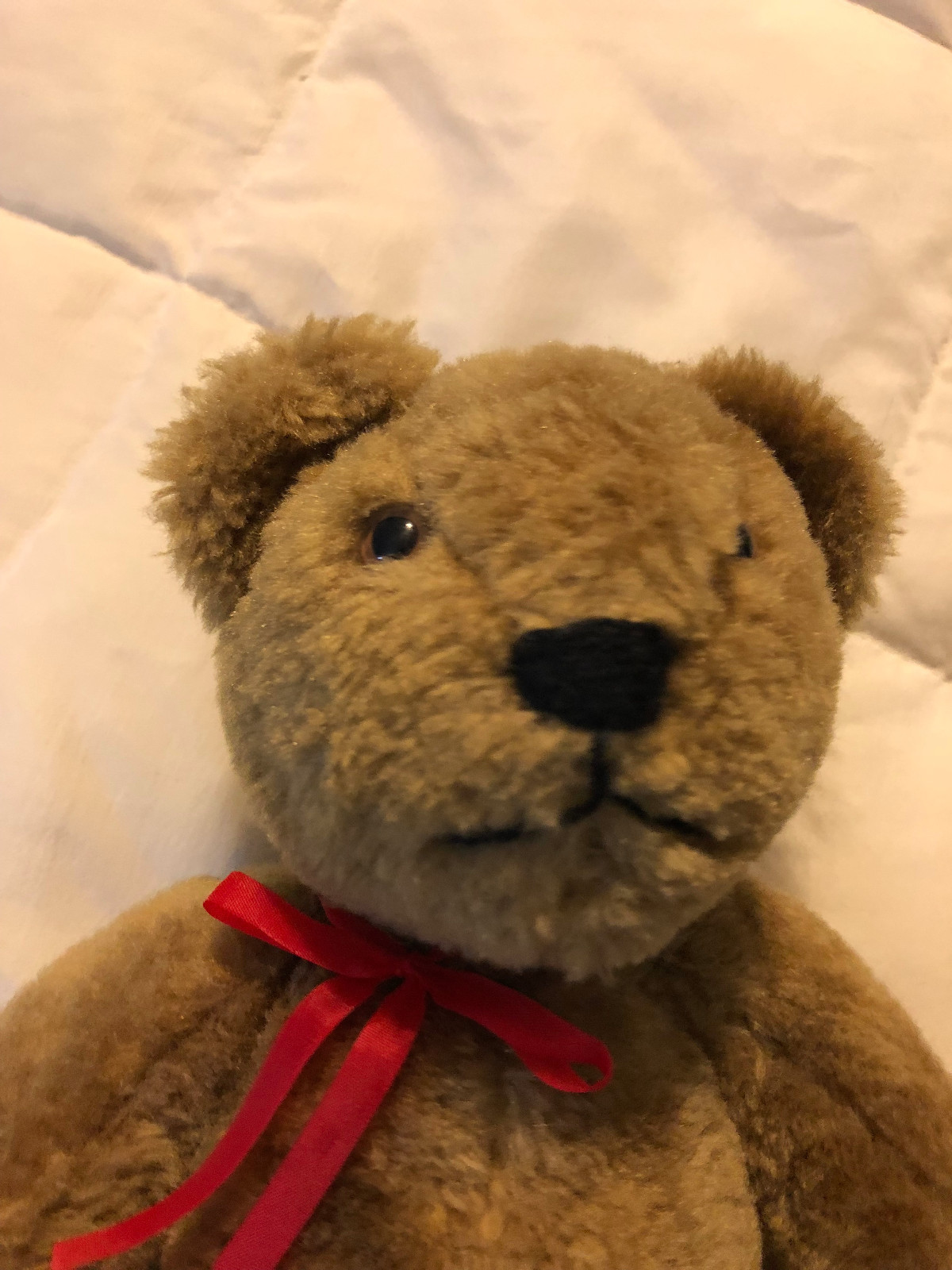VINTAGE BROWN LARGE TEDDY BEAR WITH RED RIBBON POSEABLE DOLL TOY