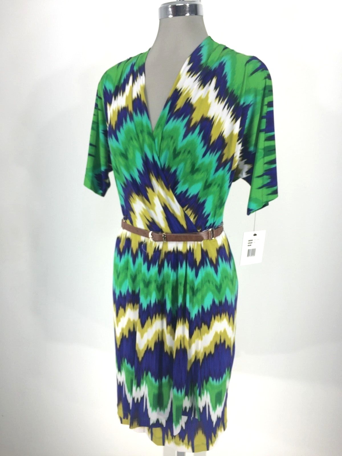 Элегантное ЗЕЛЕНОЕ платье Calvin Klein NWT с многослойным абстрактным принтом и искусственным запахом с поясом siz 6