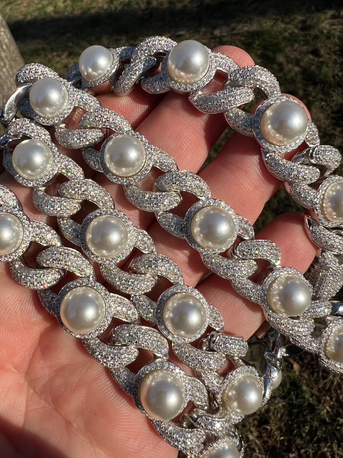 Pre-owned Harlembling Mens Ladies Hip Hop Iced Moissanite Infinity Link 15mm Necklace W. Pearl 14-24" In Silver