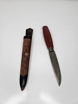 Vintage Erik Frost Mora Knife Made in Sweden Wood Handle With Leather Sheath