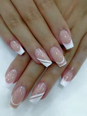24pcs Long Square White French Striped Fake Nail Press On Nails False Nails Glue