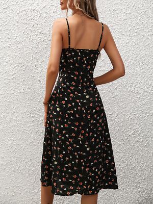 New Polka Dot Print Suspender Dress Summer Sexy Slit Long