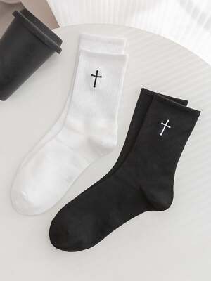2pairs Black and White Cross Embroidered Crew Socks for Men Fun Socks Funky